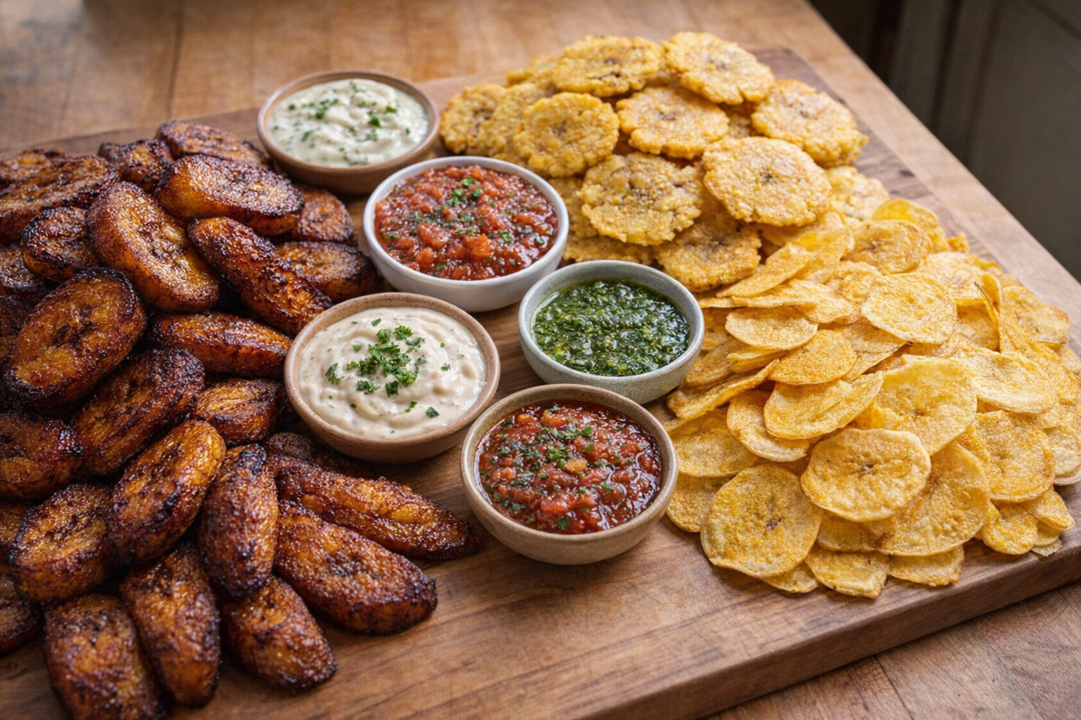 A vibrant, overhead shot of a variety of cooked plantain dishes, including fried sweet plantains (maduros), savory tostones, and plantain chips, arranged artfully on a wooden cutting board with various dipping sauces in small bowls
